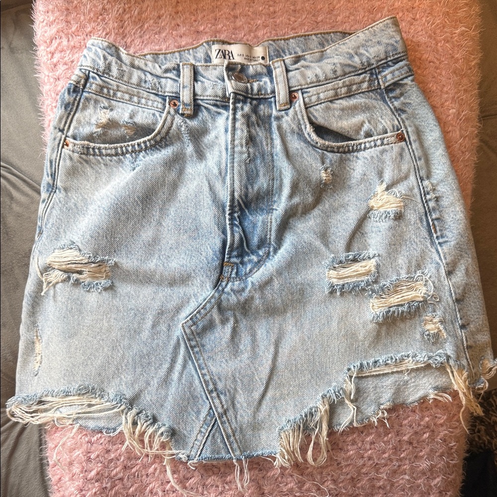 Zara Light Blue Ripped Denim Mini Skirt